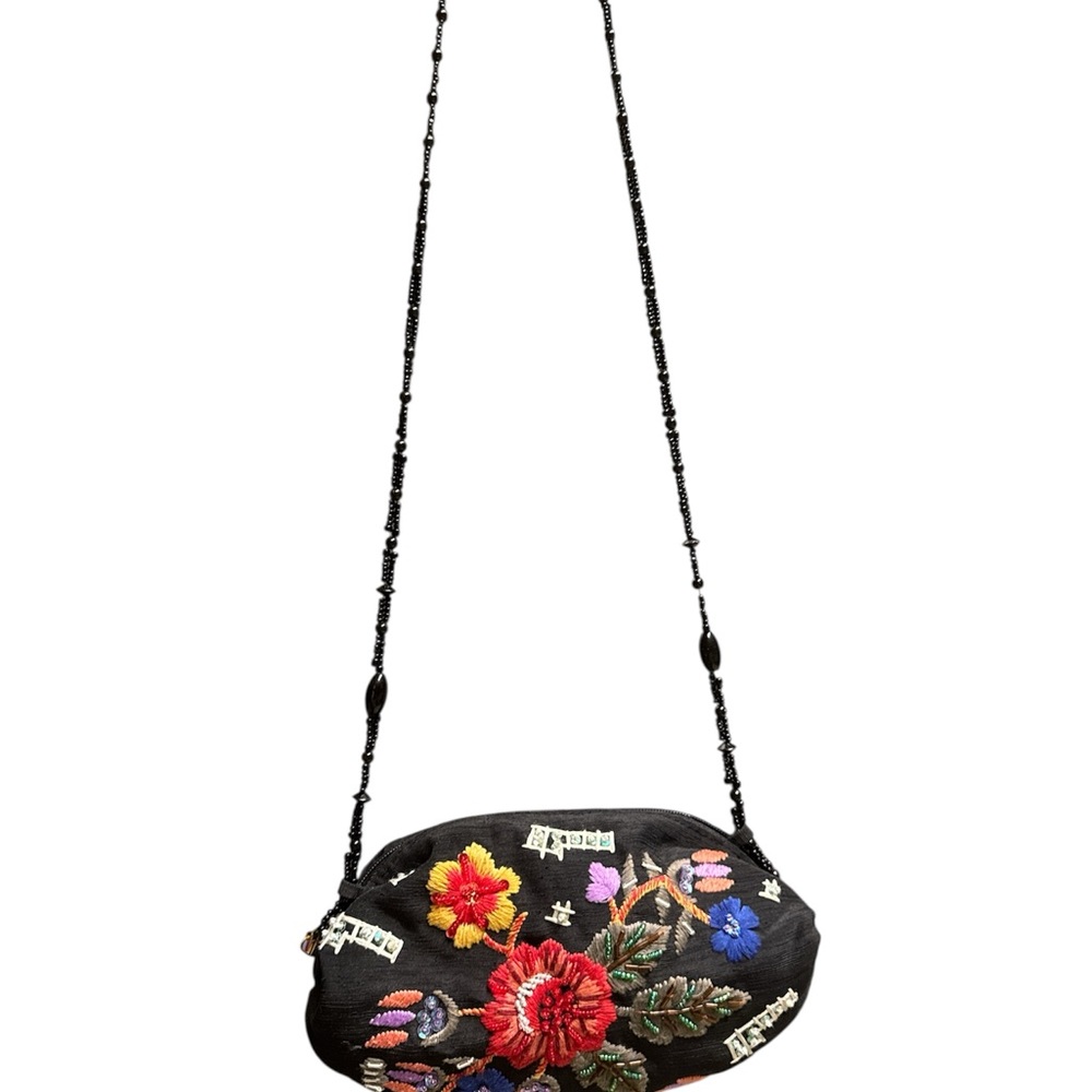 Marco Avane  Vintage  Embroidered Black Floral Women's Bag with beaded strap.